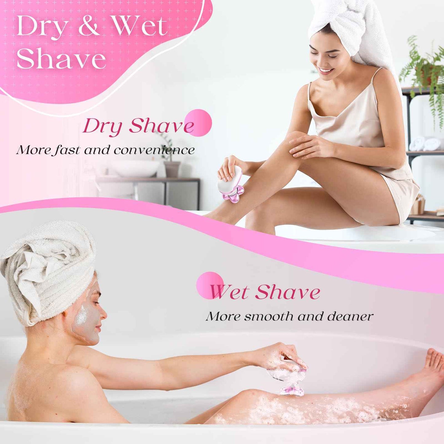 Electric Razors for Women, Rechargeable Rotary Painless Shaver for Legs Bikini Facial Hair Removal, Body Wet/Dry Razor Water Resistant Grooming Kit, Cordless Womens Trimmer for Lady (Light Pink)