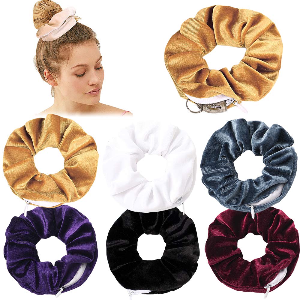 Women's Velvet Scrunchies with Hidden Zipper Pocket - Soft Hair Ties and Elastic Bands for VSCO Girl Essentials (6 Pieces)