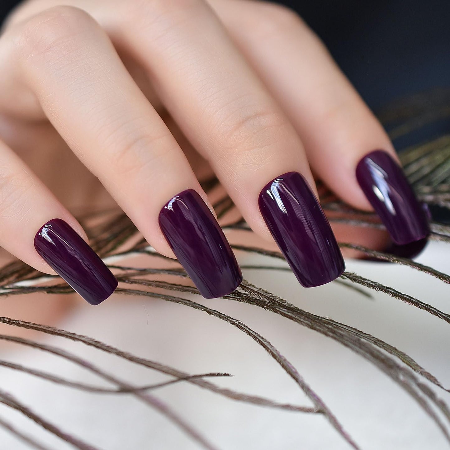 Glossy Finished Dark Grapes Purple Press On False Nails Medium Length Squoval Women Girls Nail Art Tips Salon DIY Manicure Reusable Acrylic Pretty Solid Color Gel Fake Nails for Daily Office Home