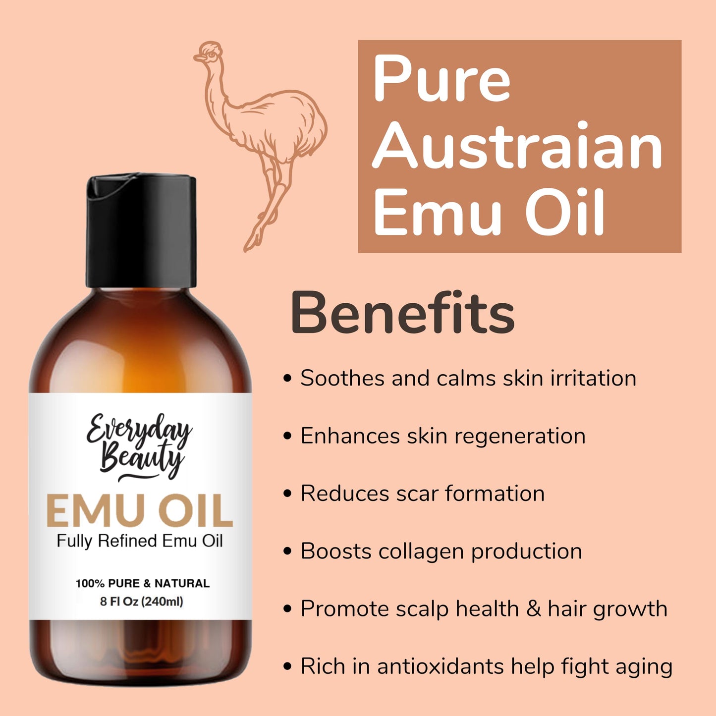 Emu Oil Bulk - 8 Fl Oz Pure & All Natural Refined Australian Emu Oil for Face, Skin and Hair - Great for Sensitive Skin and Hair Growth - For Scars and Piercings - High in Omega 3, 6 and 9 Fatty Acids