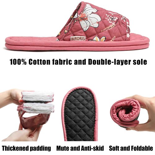 3 Pairs Floral Cotton House Slippers for Women, Open Toe Indoor Slippers Comfortable Washable Portable Foldable Guest Travel Hotel Airplane Spa Slippers