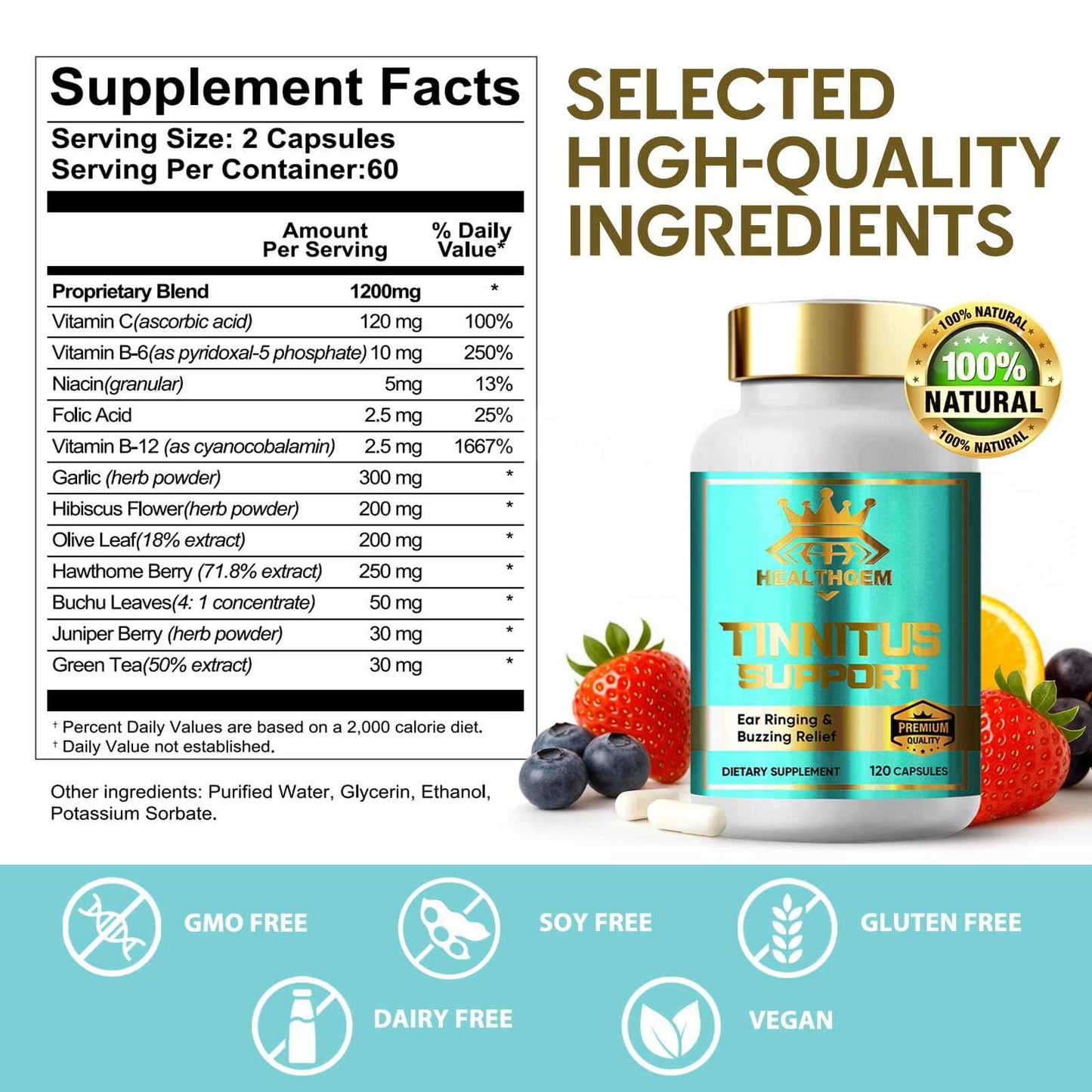 HEALTHGEM Tinnitus Relief for Ringing Ears,120 Capsules Tinnitus Relief Supplement, Natural & Effectively Relieve Earache & Reduce Ear Noise for Men & Women | 60-Day Supply