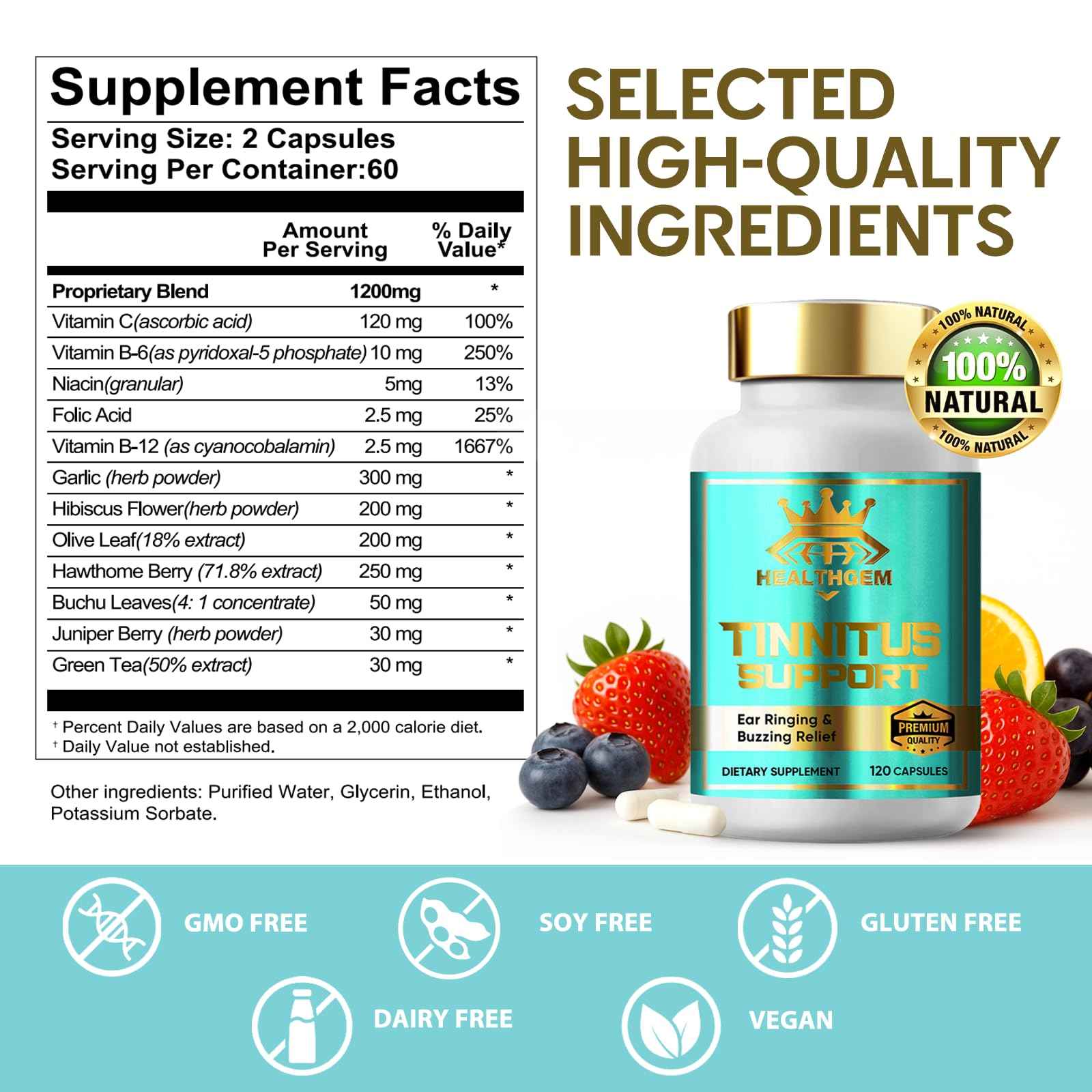 HEALTHGEM Tinnitus Relief for Ringing Ears,120 Capsules Tinnitus Relief Supplement, Natural & Effectively Relieve Earache & Reduce Ear Noise for Men & Women | 60-Day Supply