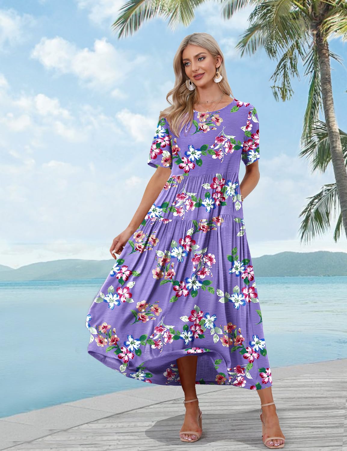 YESNO Women Casual Loose Bohemian Floral Dress with Pockets Short Sleeve Long Maxi Summer Beach Swing Dress S EJF CR374