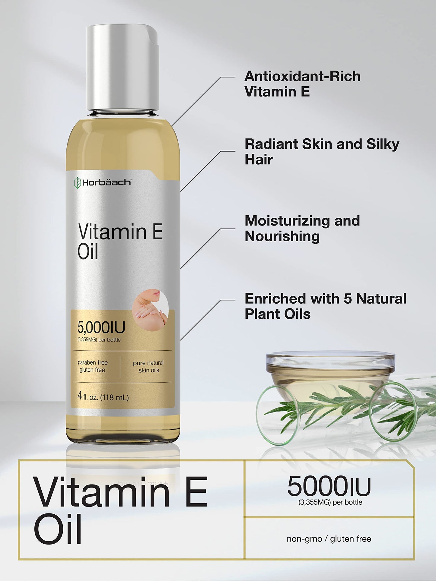 Horbäach Vitamin E Oil | 5000 IU | 8 oz (2 x 4oz) Value Pack | for Skin, Hair, Face & Body | Vegetarian, Non-GMO, and Gluten Free Formula