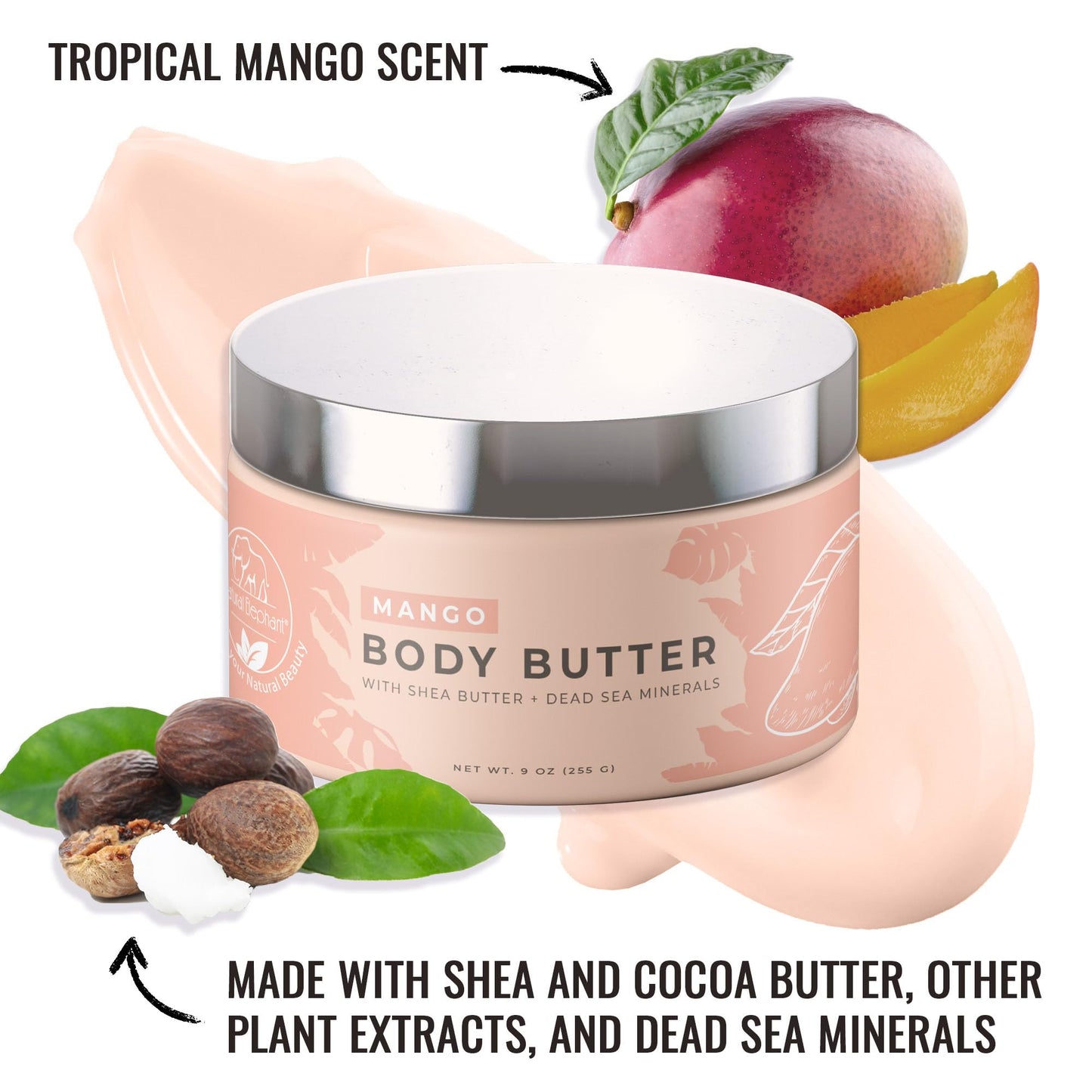 Natural Elephant Body Butter with Shea Butter, Dead Sea Minerals & Vitamin E - Luxurious Moisturizer, Hydrating Cream, Cruelty-Free, Paraben-Free, 9 oz (Mango)