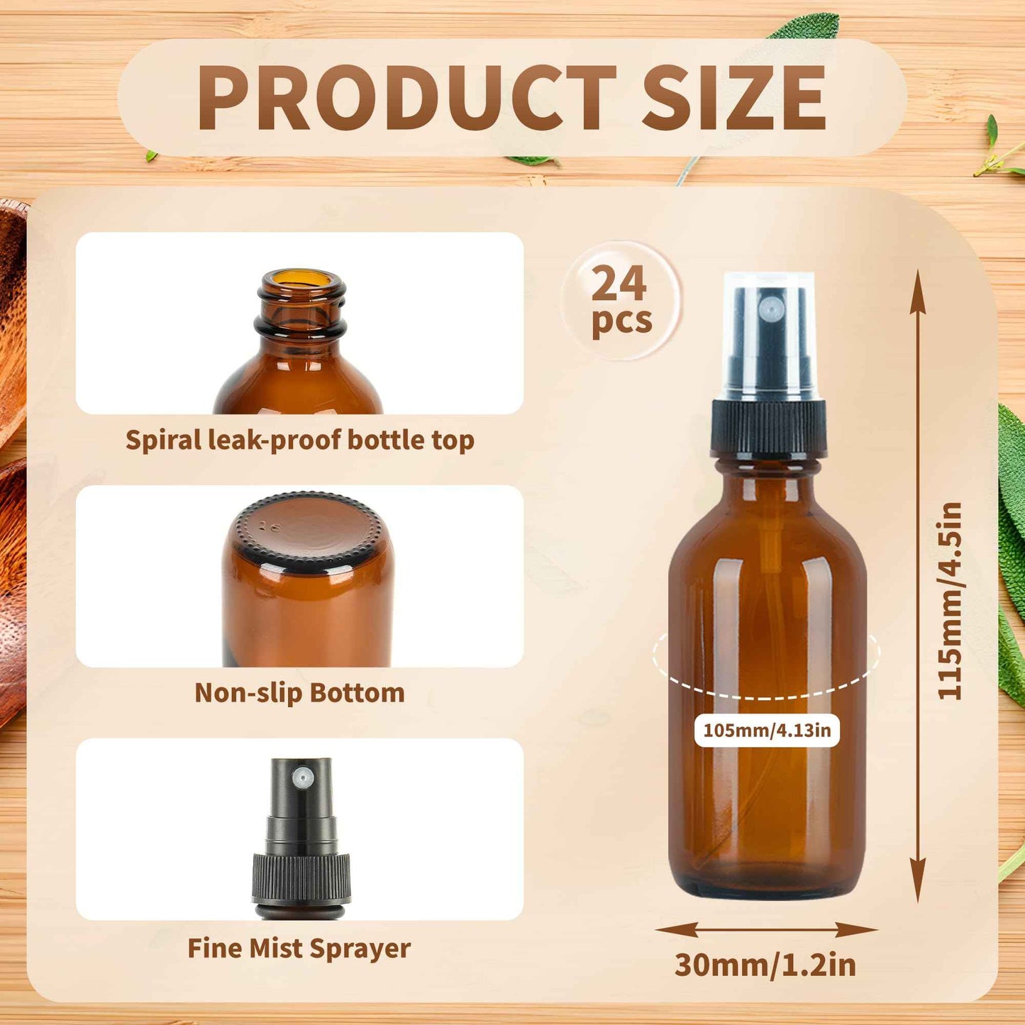 BILLIONSTARS 24 Pack 2oz Glass Boston Round Bottle with Fine Mist Sprayer - Amber - Essential Oils, Bath, Beauty, Hair & Cleaning - Leakproof Travel Bottles