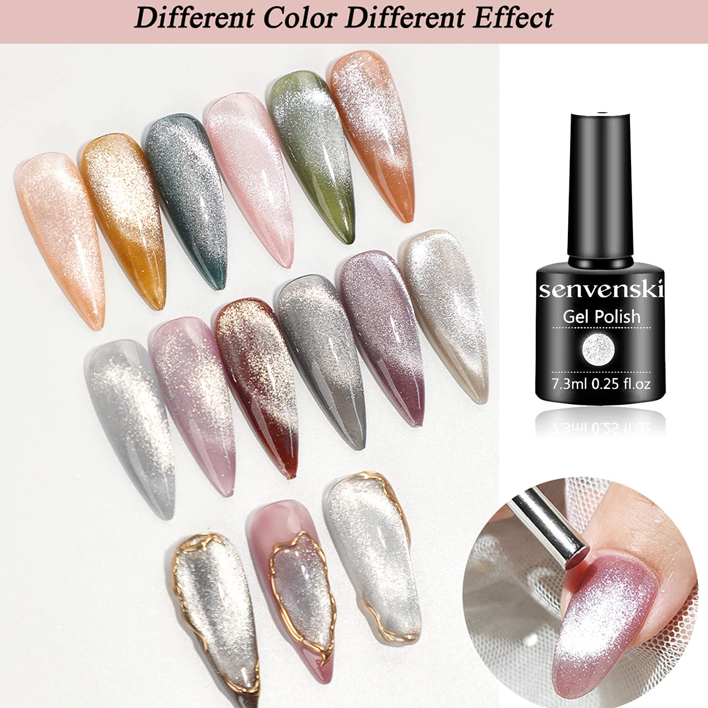 senvenski Holographic Glitter Cat Eye Gel Nail Polish Reflective Magnetic Bright Silver with 5 Colors Jelly Gel Nail Polish Sheer Clear UV LED Nail Art Gift Set Kit (MY6-001)