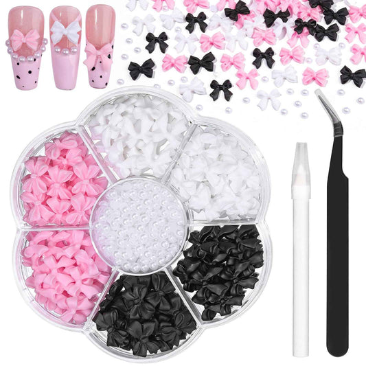 Kikonoke 420PCS Bow Nail Charms Kit with Half Pearls, 3D Acrylic Nail Gems Rhinestones, Pickup Tools for Nail Art Design, DIY Crafts, Valentine Gifts