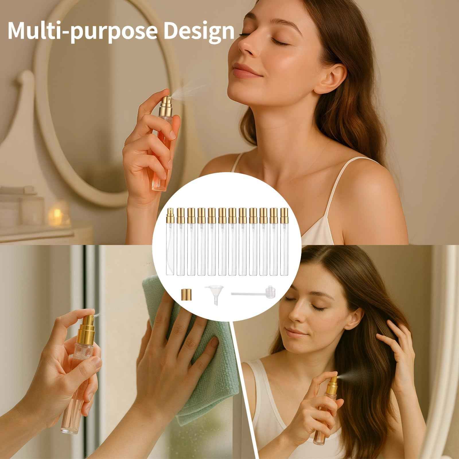 Lnrueg 50 Pcs 10 ml Perfume Bottles - Refillable Glass Mini Spray Bottles, Portable Travel Sample Containers, Fine Mist Atomizers with Caps, Includes 2 Funnels and 2 Dispensers, Ideal for Liquids