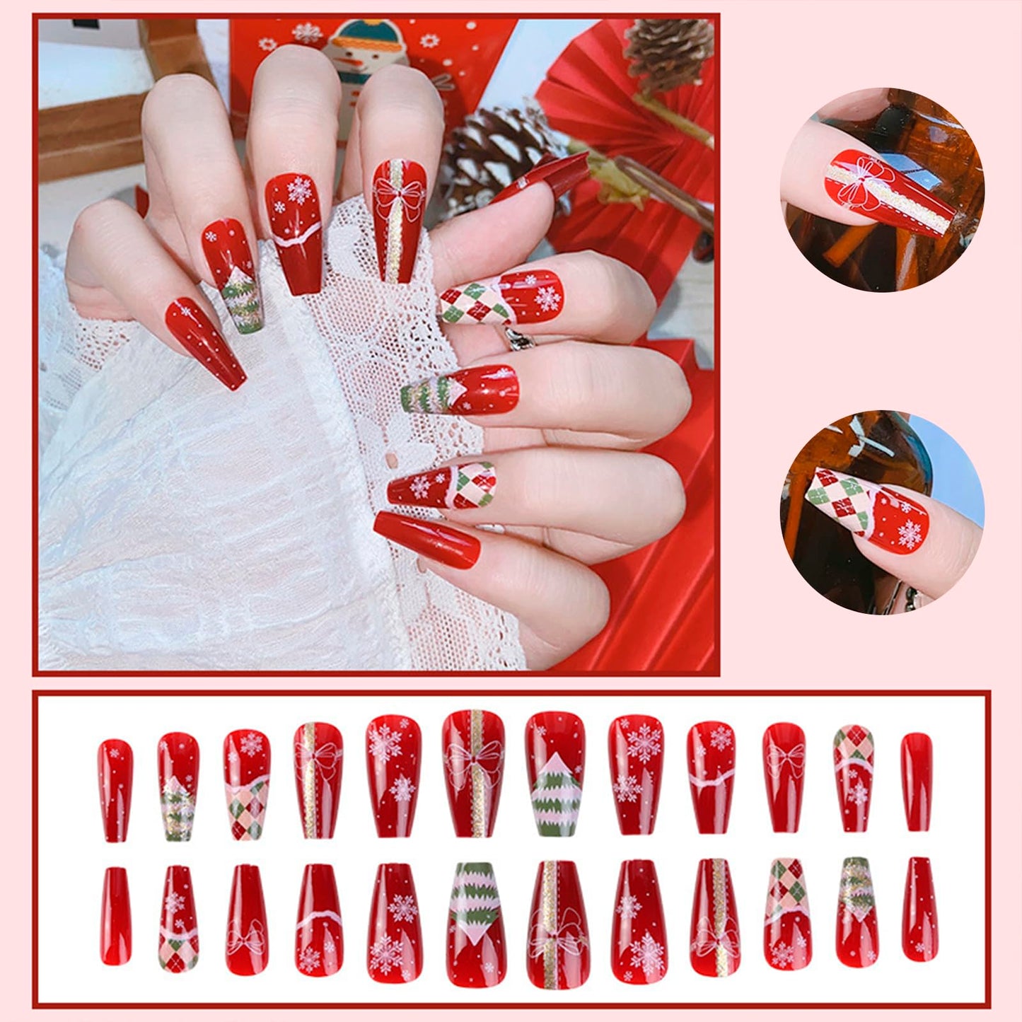 Christmas nails stick on nails， Christmas acrylic nails Women's New Year Nail Enhancement，christmas press on nails Set of 24Pcs (christmas tree)