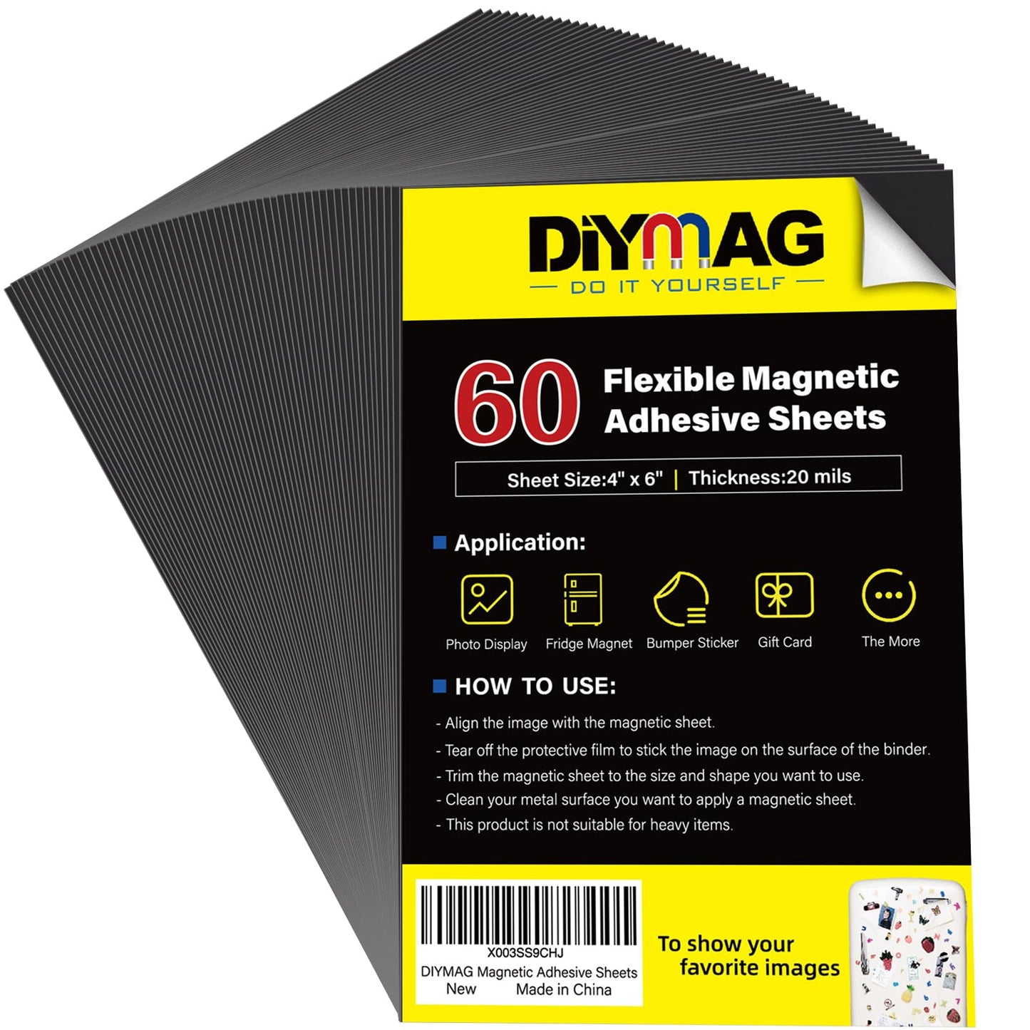 DIYMAG Adhesive Magnetic Sheets, |4" x 6"| 60 Packs, Flexible Magnet Sheets with Adhesive for Crafts, Photos and Die Storage, Easy Peel and Stick, Easy to Cut into Any Shape/Size (4" x 6"- 60P)