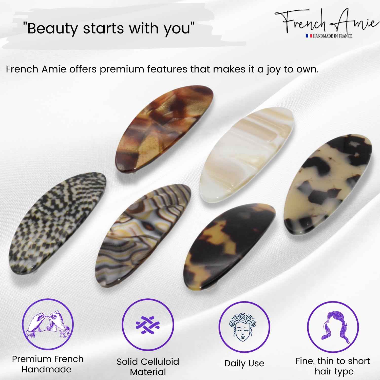 French Amie Oval Mini Silver Grey Opera Tokyo White Tokyo Amber Brown Ivory Set of 6 Onyx Handmade Celluloid Hair Clip Barrette for Girls (2.5 inch)