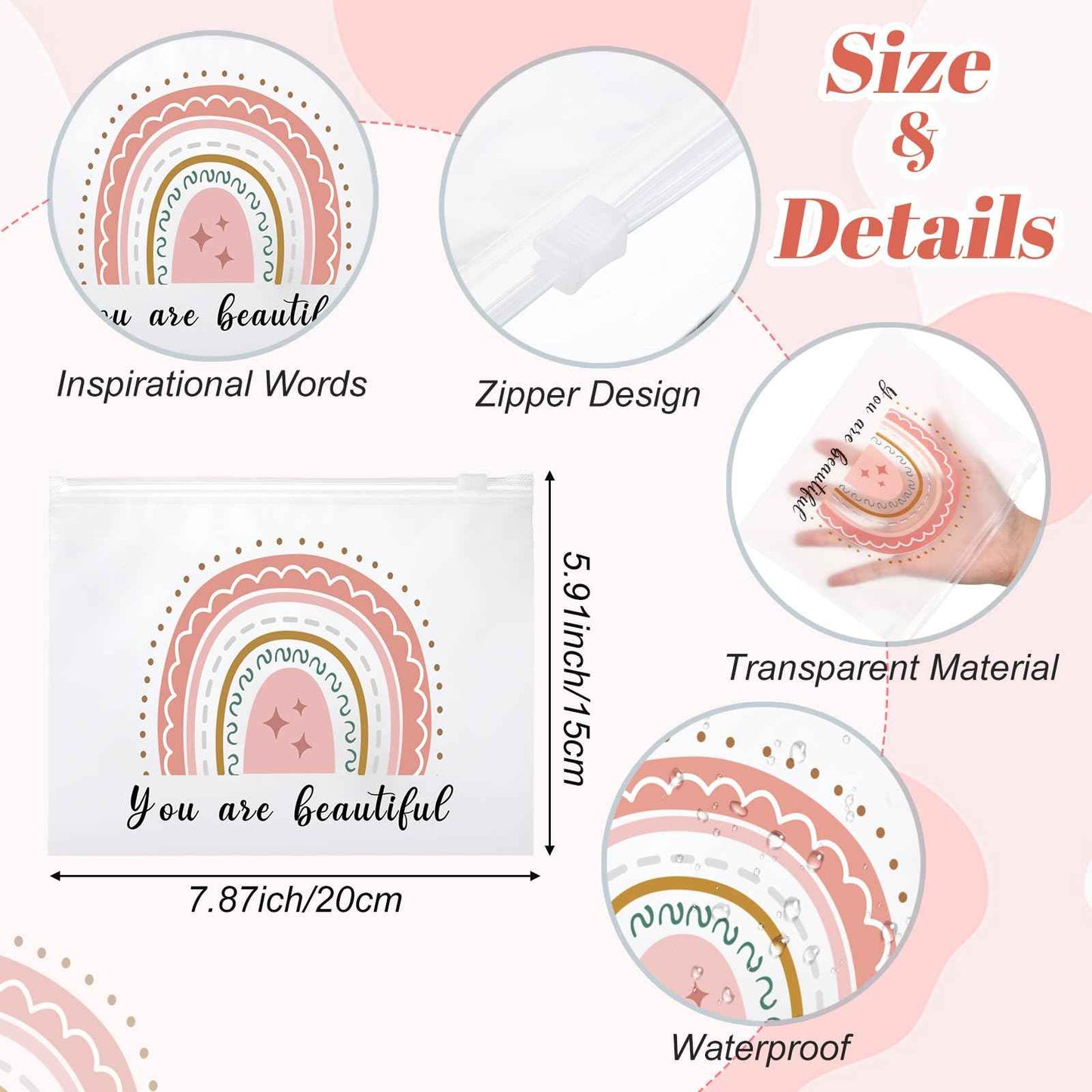 Wesiti 50 Pcs Rainbow Cosmetic Bag Inspirational Gift Motivational Quotes Christian Makeup Bag Bulk Waterproof Zipper Pouch for Women Girl Teacher Christmas Gift(You Are Beautiful)