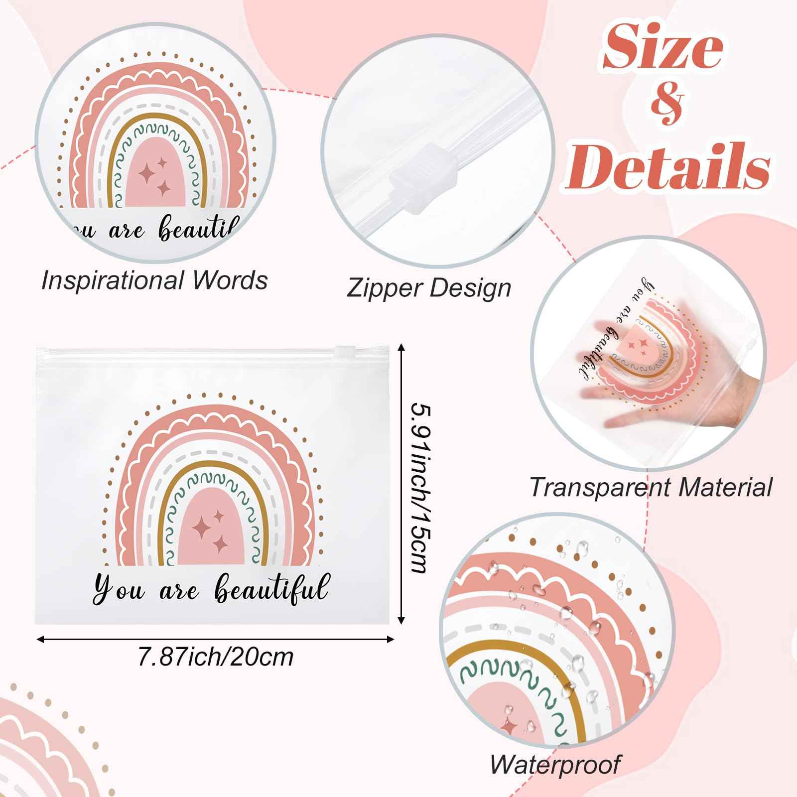 Wesiti 50 Pcs Rainbow Cosmetic Bag Inspirational Gift Motivational Quotes Christian Makeup Bag Bulk Waterproof Zipper Pouch for Women Girl Teacher Christmas Gift(You Are Beautiful)