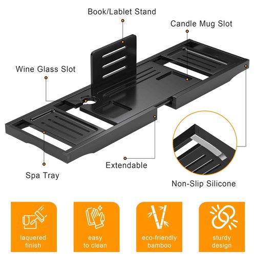 Bathtub Tray Caddy,Premium Bamboo Expandable Bath Tub Trays Table, Foldable Bathroom Accessories,Great House Warming, Anniversary and Birthday Gifts,Black
