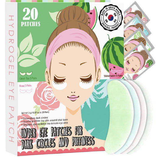 Eye Mask for Puffiness - Under Eye Patches for Dark Circles - Korean Under Eye Mask Patches for Puffy Eyes - Eye Gel Pads Depuffing Eye Brightener, Caffeine, Hydrogel & Collagen (20 Pairs)