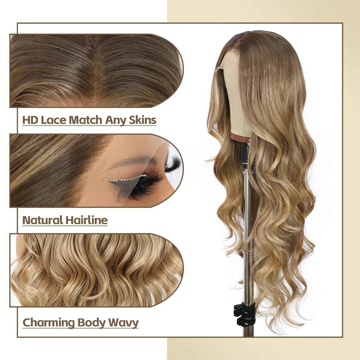 BABEHERS Blonde Lace Front Wig for Women 13x4 Body Wave Synthetic Wigs with Ombre Blonde Tips Pre-plucked Long Wavy 150% Density Heat Resistant Hair Daily Party Use 26 Inch