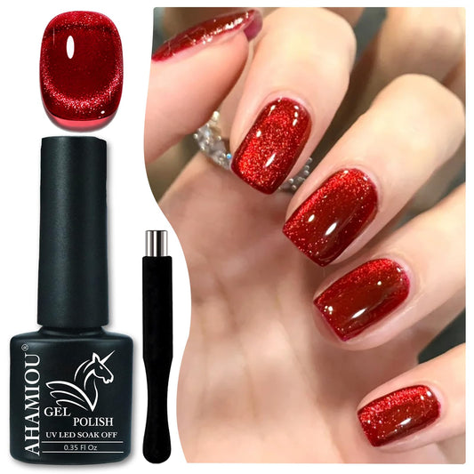 AHAMIOU Nail Polish Cat Eye Gel Polish Crimson Summer Nail Lacquer in Vibrant Colors for DIY Nail Art 0.35 fl oz UV/LED Gel with Magnet Stick (Ruby Red, 10ML/0.35 Fl Oz)