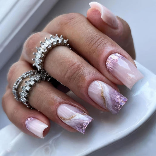 Nude Purple Press on Nails Medium Square Fake Nails with Swirl Designs Glitter Sequins False Nails Marble Glossy Glue on Acrylic Nails for Women 24Pcs