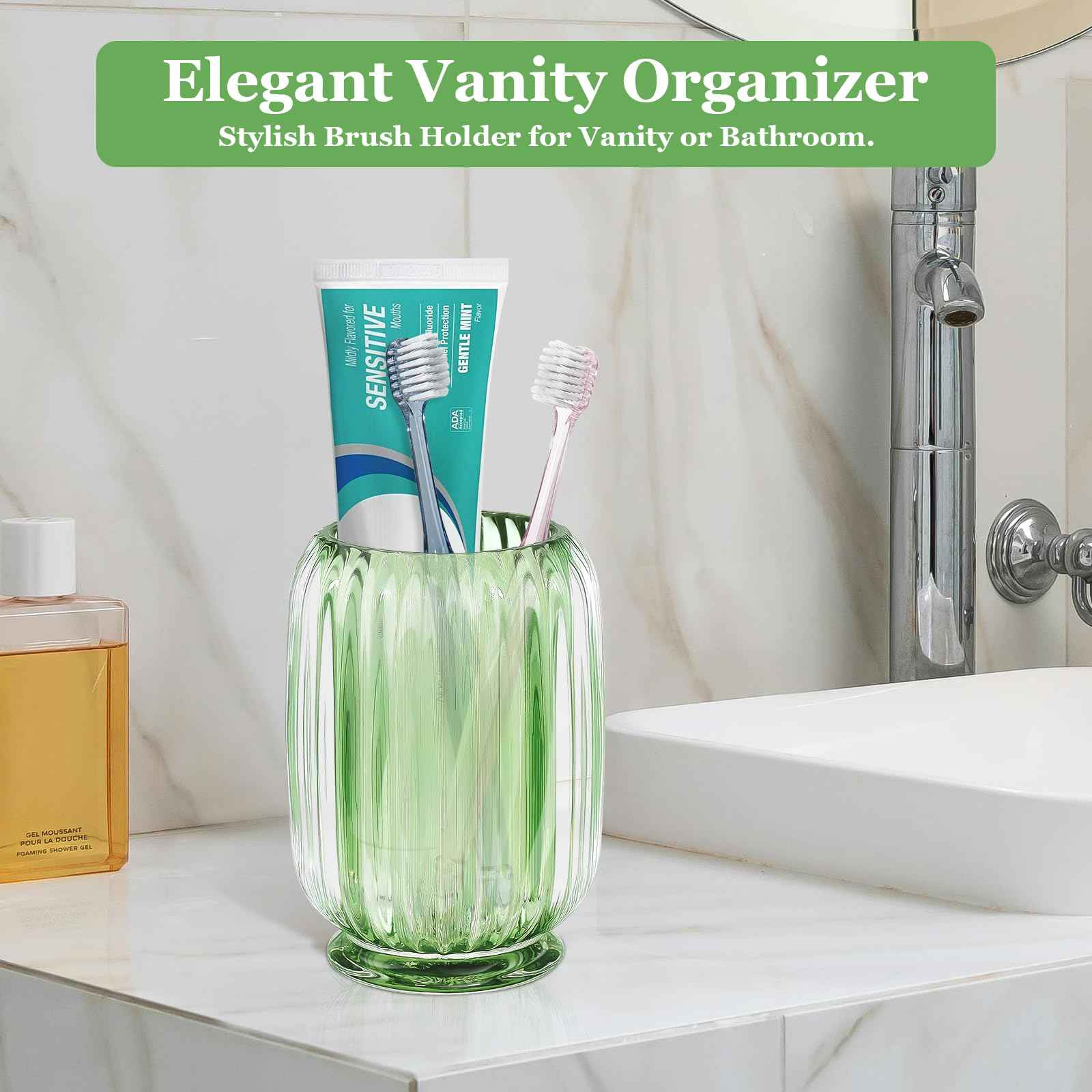 Makeup Brush Holder, Thick Glass Makeup Brush Organizer Cup, 4.8" Tall for Vanity Hair Brush Holder Brushes Storage, Makeup Brush Holder Organizer organizador de brochas de maquillaje Crystal Green