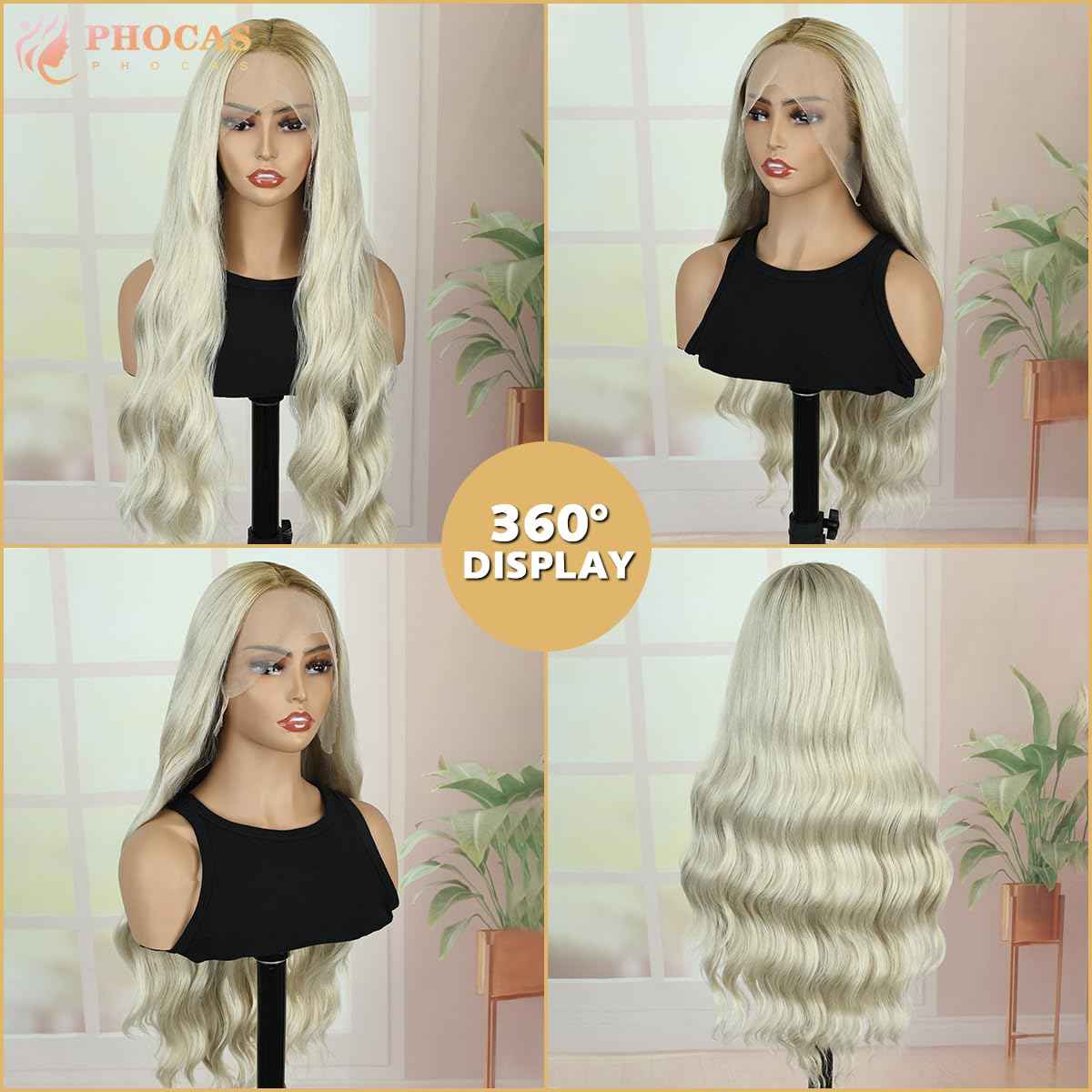 PHOCAS 30 Inch Curly Blonde Lace Front Wig 13x3 Synthetic Lace Front Wig Pre Plucked Free Part, Ombre Blonde Long Body Wave HD Lace Frontal Wigs for Women Halloween Cosplay Party Daily Use