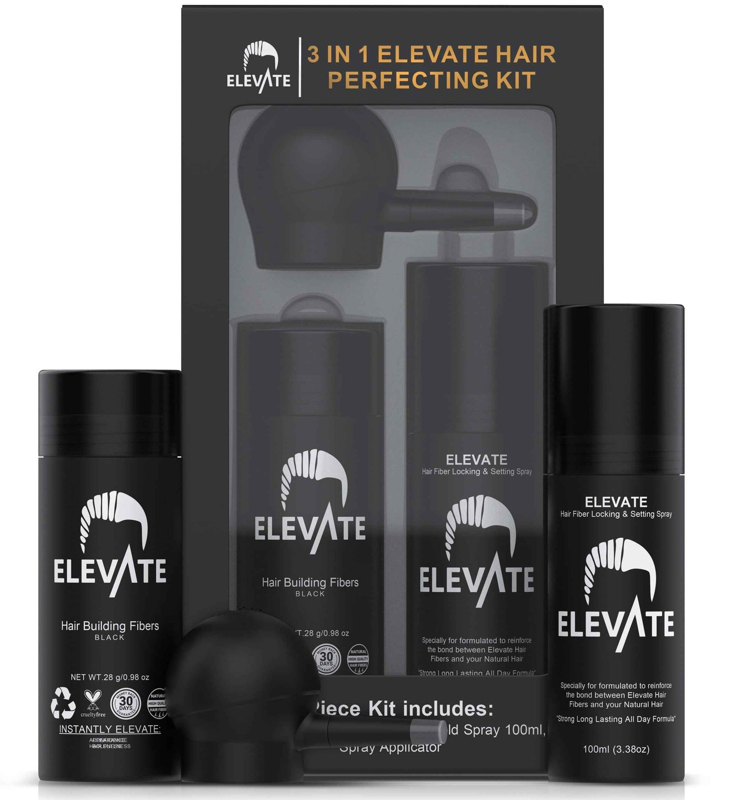 ELEVATE Hair Perfecting 3-in-1 Kit Set Includes Natural Hair Thickening Fibers & Spray Applicator Pump Nozzle & Locking Setting Hold Spray | Instantly Conceal Balding and Thinning Areas (Black)