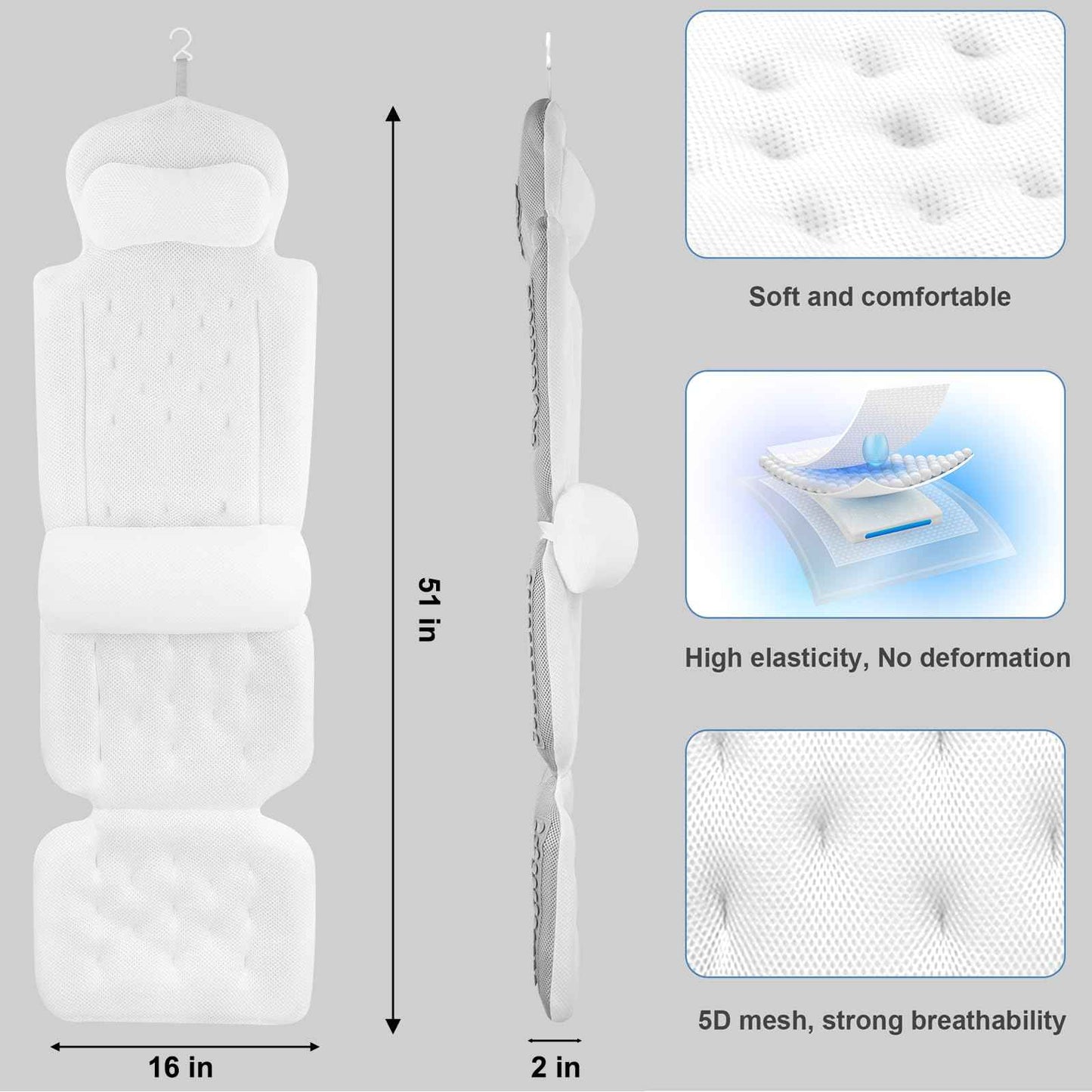 Luxury Full Body Bath Pillow for Bathtub - Bath Pillows Mat & Cushion for Bathtub Headrest Neck Shoulder Support White