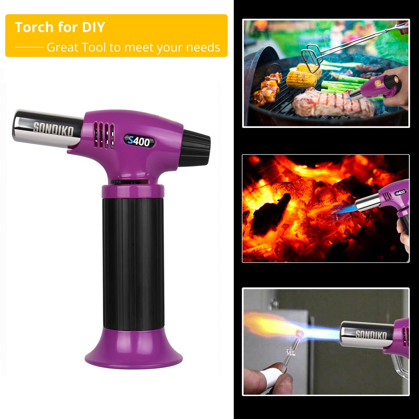 Sondiko S400 Butane Torch, Refillable Kitchen Lighter, Purple & Black, Fits All Butane Tanks, Adjustable Flame for Creme Brulee & Baking—Butane Gas Is Not Included