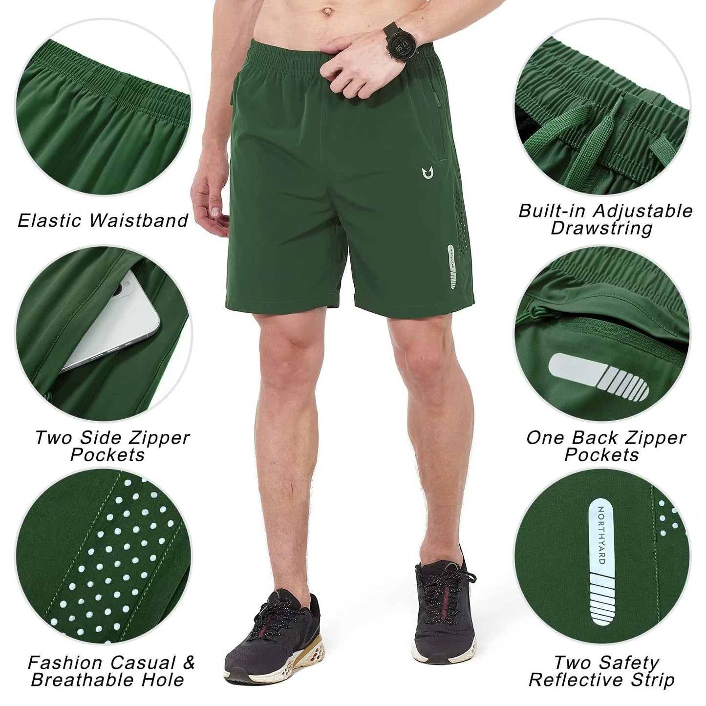 NORTHYARD Men's Athletic Running Shorts Quick Dry Workout Shorts 7"/ 5"/ 9" Lightweight Sports Gym Basketball Shorts Hiking Exercise Green S