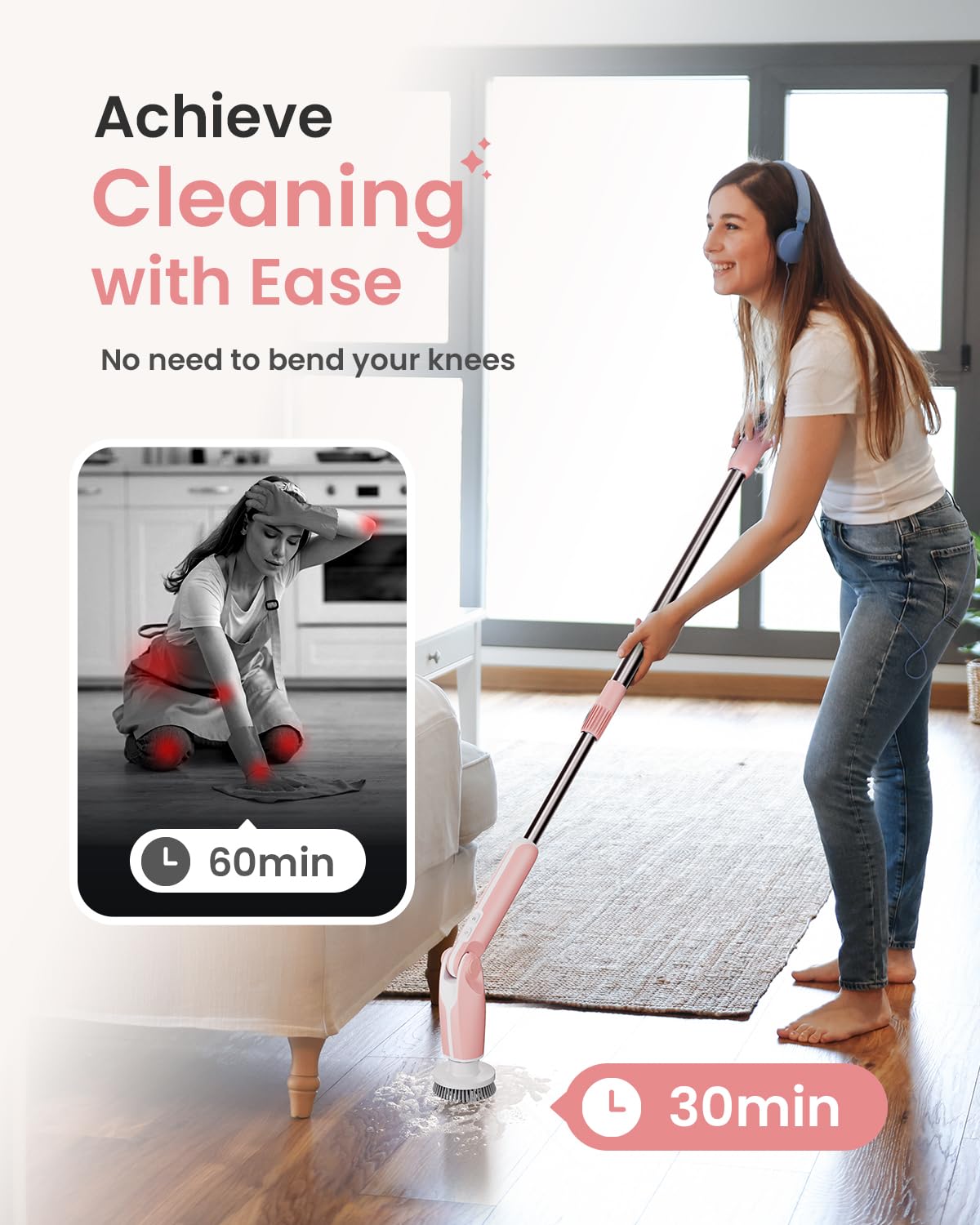 Leebein Electric Spin Scrubber, 2024 New Electric Scrubber with 4 Adjustable Angles and 8 Brush Heads, Shower Scrubber with Long Handle & Remote Control, Cleaning Brush for Bathroom, Tub, Floor (Pink)