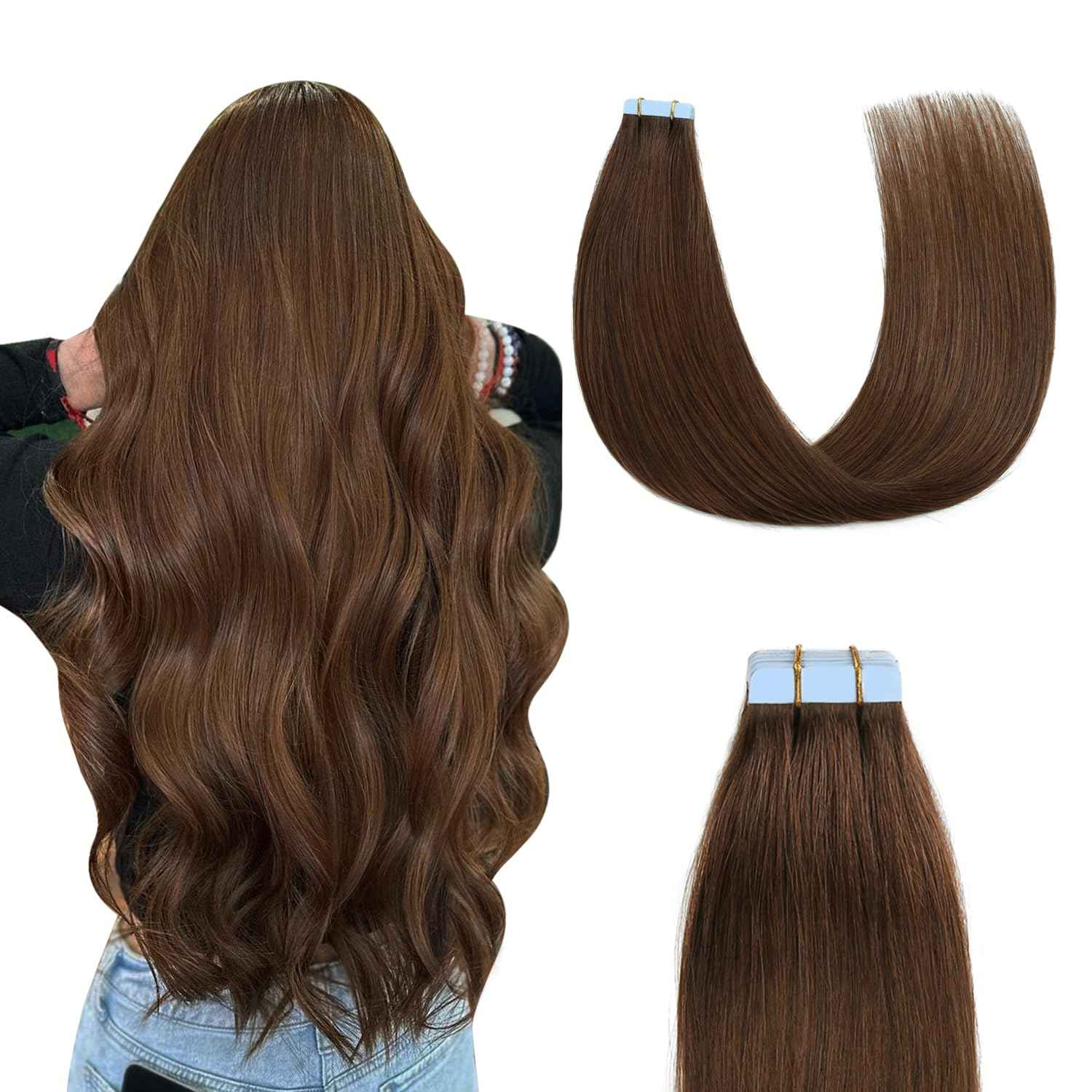 Sunya Tape in Hair Extensions Human Hair 14 inches Silky Straight Remy Human Hair Seamless Skin Weft Hair Extensions Tape in 14 inches #4 Chocolate Brown 40 Gram 20Pcs/Pack Thick Hair