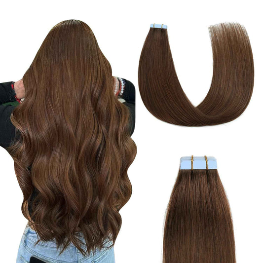 Sunya Tape in Hair Extensions Human Hair 14 inches Silky Straight Remy Human Hair Seamless Skin Weft Hair Extensions Tape in 14 inches #4 Chocolate Brown 40 Gram 20Pcs/Pack Thick Hair
