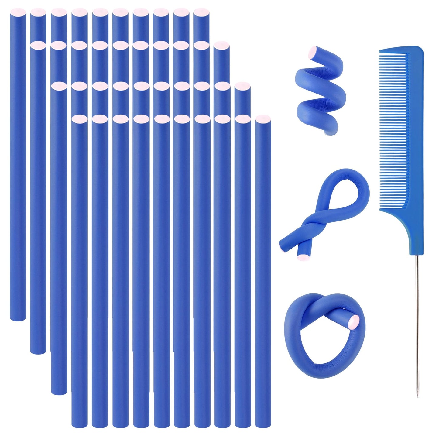 SEPGLITTER 30 Pieces 9.45" Flexible Curling Rods, Foam Hair Rollers Set for Girls No Heat Curlers Irons with Steel Pintail Comb for Long Short Hair (Blue)