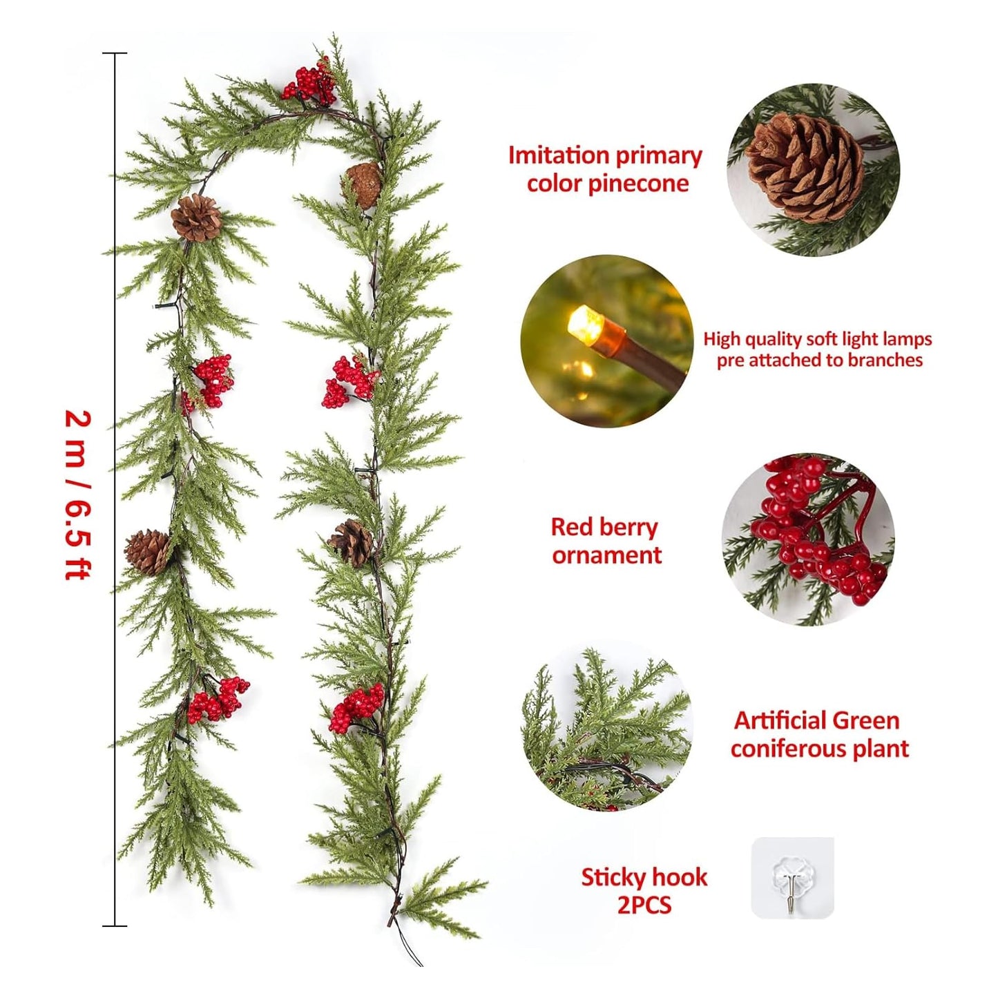 RECUTMS 6.5Ft Christmas Garland Decorations with Lights Artificial Red Berries and Pinecones Xmas Decorations for Home Wall Decor （Red Berries）