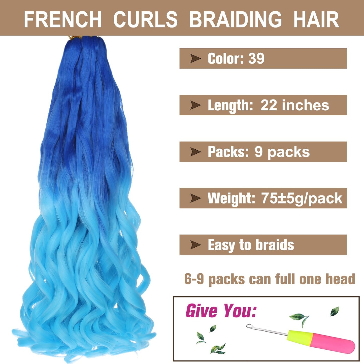 COOKOO Ombre Blue French Curls Brading Hair 22 Inch Bouncy Braiding Hair 9 Pack French Curls Box Braids with Bouncy Curls EZ Braids Synthetic Hair For Black Women（Blue/Light blue）