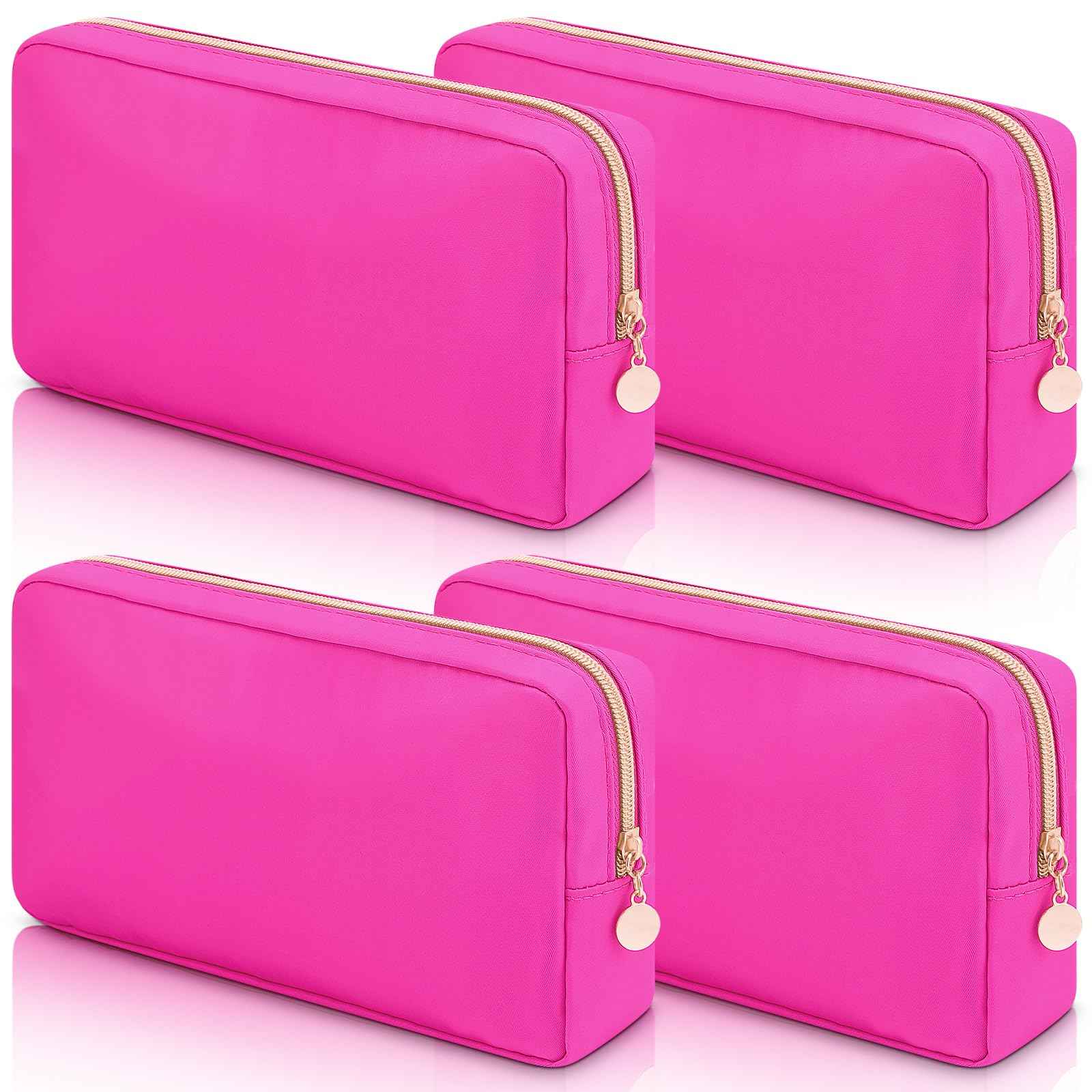 Hushee 4 Pcs Nylon Makeup Bag Preppy Zipper Pouch Waterproof Nylon Toiletry Storage Bag for Women(Small,Hot Pink)