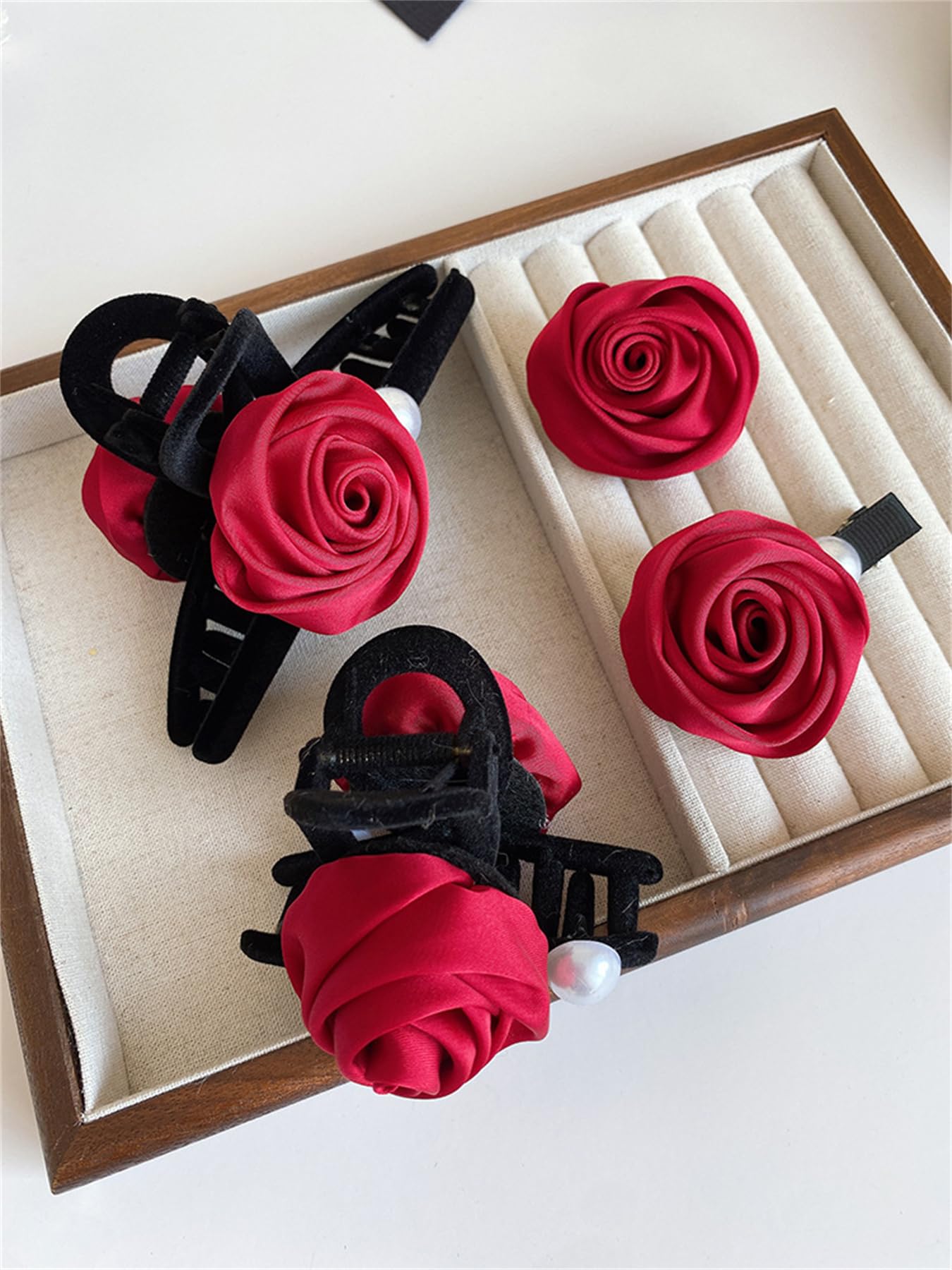 8 PCS Rose Hair Claws Hairpin Brooch Set Red Silk Floral Bow Clips Hair Rope Clamps Barrettes Clamps Hair Accessories for Women Girls 072