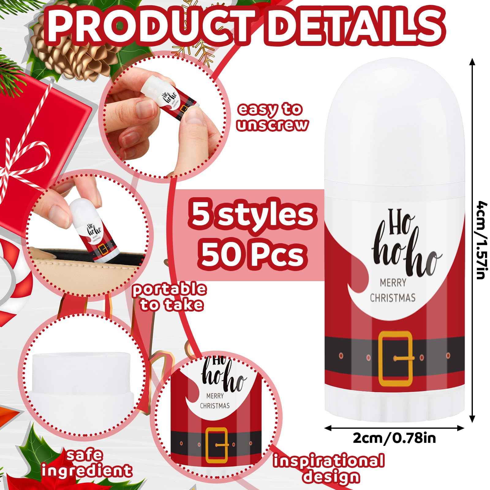 Swiffen 50 Pcs Christmas Mini Lip Balm Pack Thank You Gifts Moisturizer Assorted Flavors Beeswax Natural Ingredients Dry Chapped Lip Care Products for Coworkers Women Friend Men(Santa Claus)