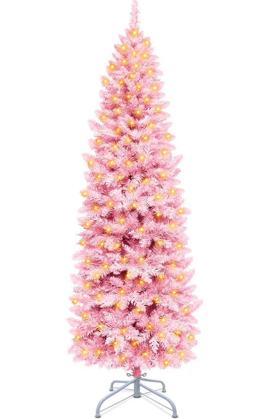 TURNMEON 6.5 Ft Pre-Lit Christmas Tree 250 LED Warm Lights Plug in 826 Branch Tips Artificial Pink Pencil Xmas Tree Premium Hinged Slim Christmas Decoration Indoor Outdoor Home Holiday Decor