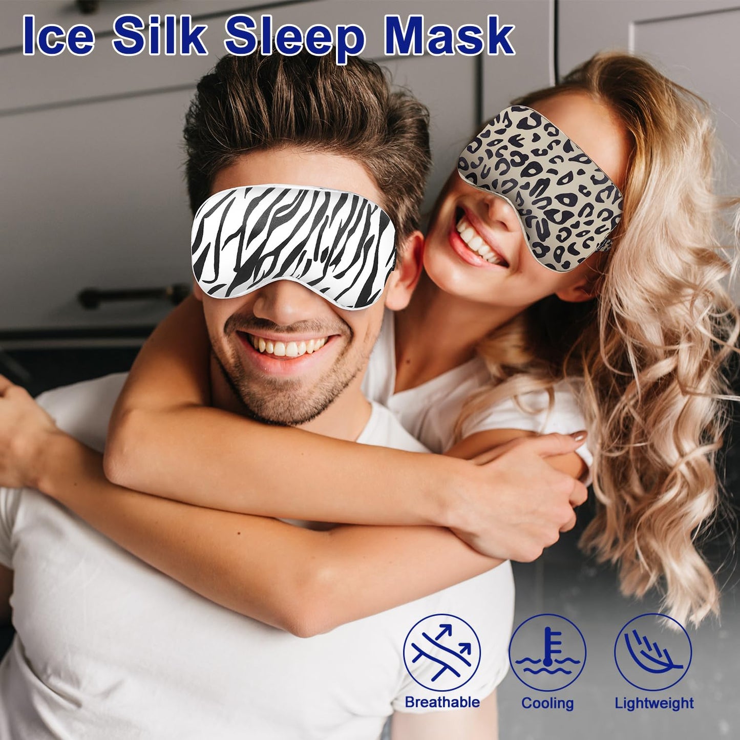 Cavoilu Sleep mask w/Cooling Gel Eye Mask, 2Packs Heated Eye Mask for Sleeping, Reusable Ice Silk Blackout Eye Cover Sleeping Mask for Travel, Home, Office, Yoga, Stocking Stuffers (Zebra+Leopard)