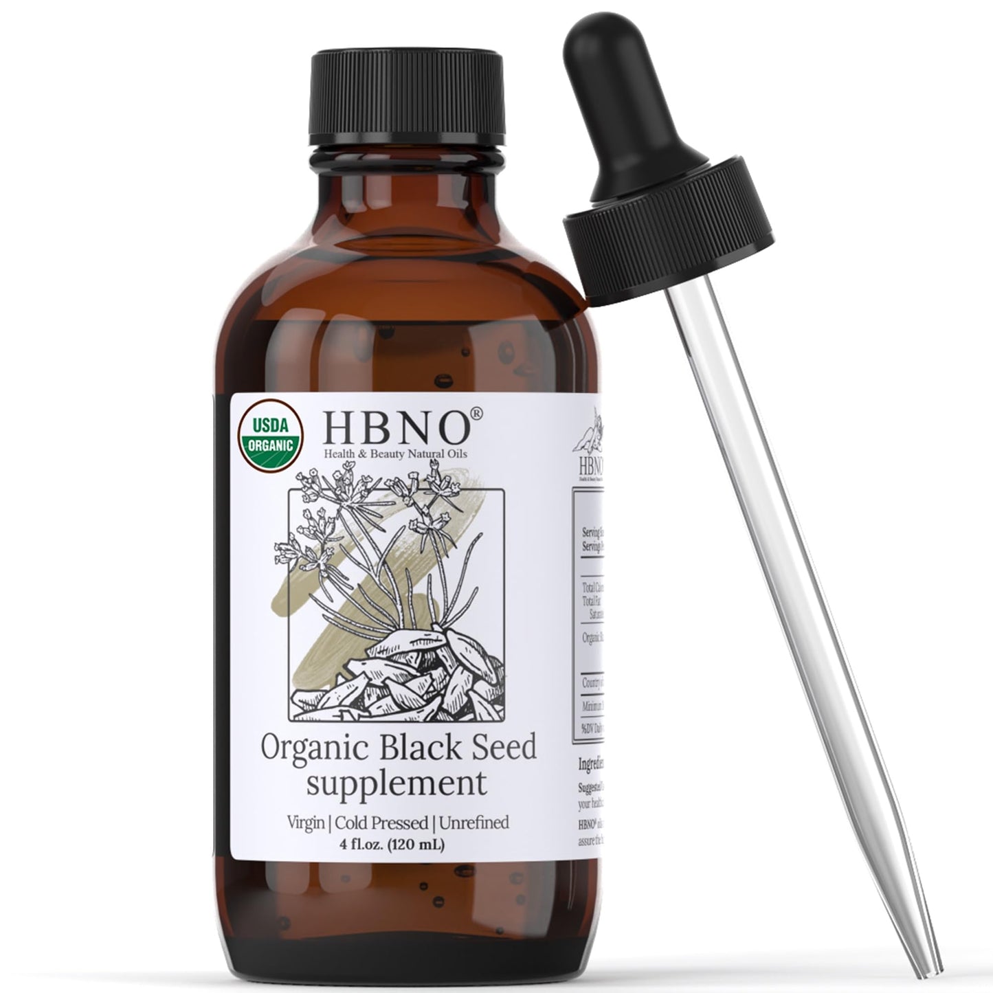 HBNO Organic Black Seed Oil 4 fl oz (120ml) - USDA Certified Organic Black Seed Oil Organic Cold Pressed - Natural Black Cumin Seed Oil Organic