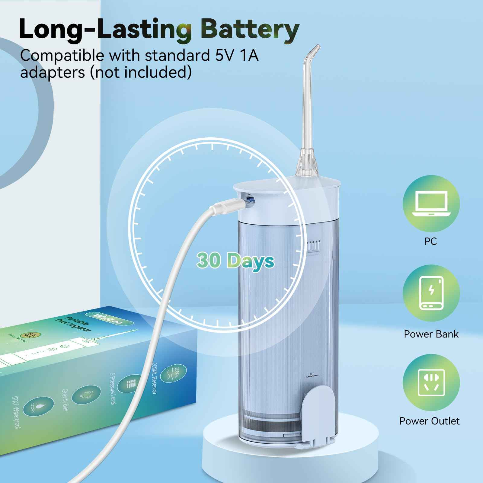 WellLeo Mini Water Flosser for Teeth,Travel Dental Flosser Picks, Portable Oral Irrigator with Telescopic Water Tank, 5 Modes IPX7 Waterproof Tooth Flosser for Brace, Sensitive Teeth, with Storage Bag