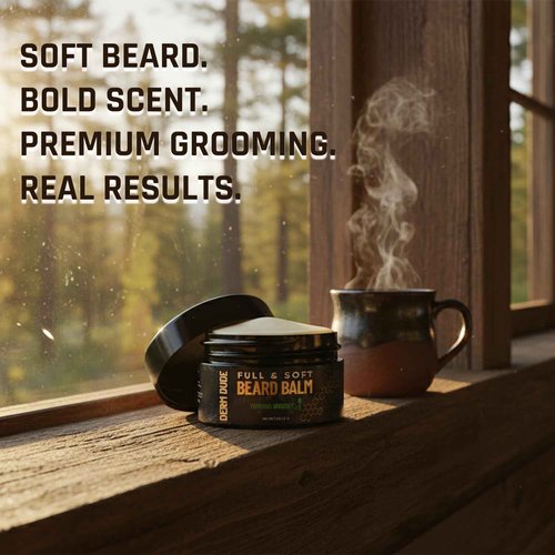 Derm Dude Full & Soft Beard Balm for Men | With Shea Butter & Grapeseed Oil to Moisturize & Smooth | Leave-in Conditioner for Healthier Fuller & Thicker Facial Hair -Morning Woodsy Scent 2oz (2 Pack)