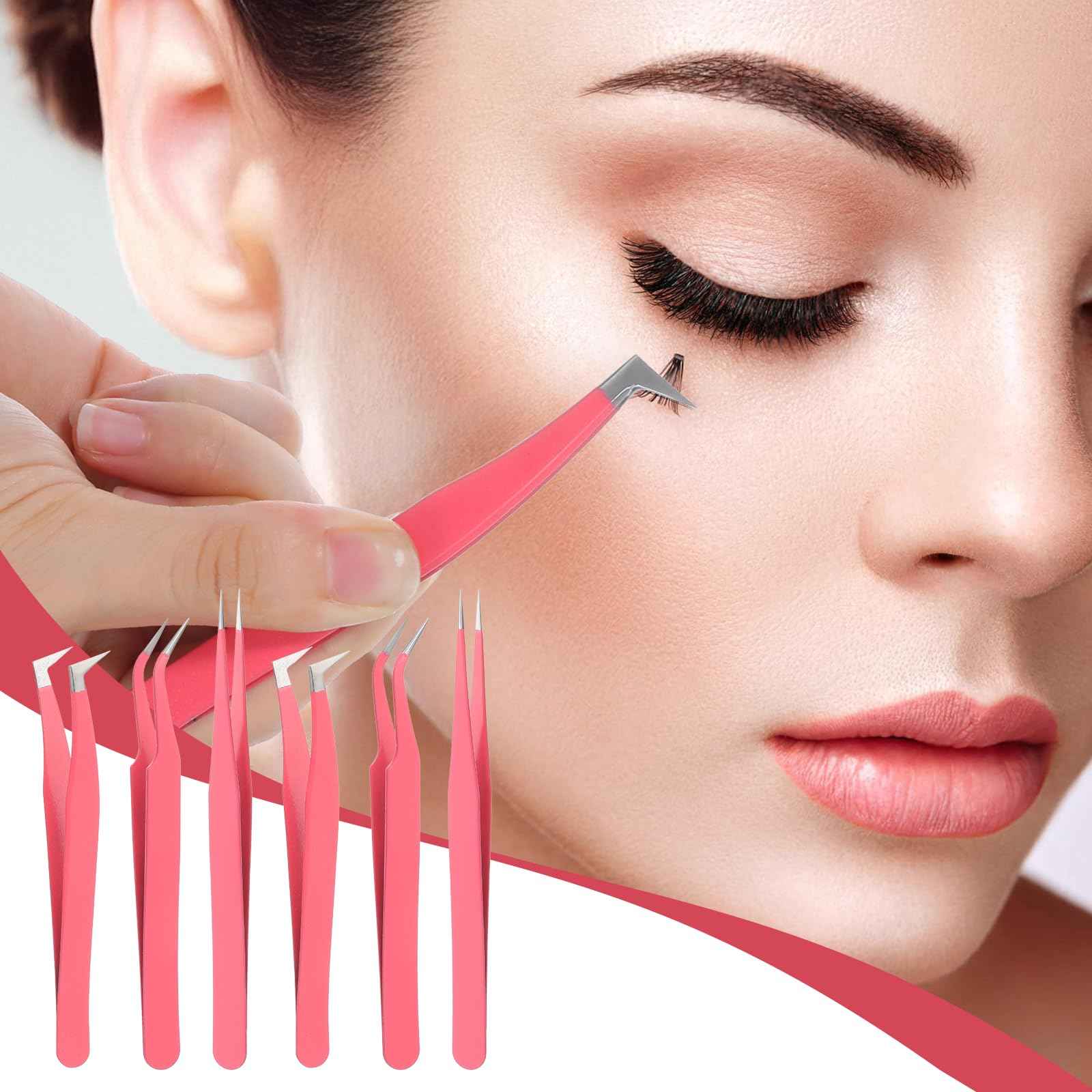 6 Pack Lash Extension Tweezers, Lash Tweezers For Eyelash Extensions, Straight and Curved Eyelash Tweezer, Fiber Tip Lash Tweezer for Professional Eyelash Extension Artists, Girls, Women