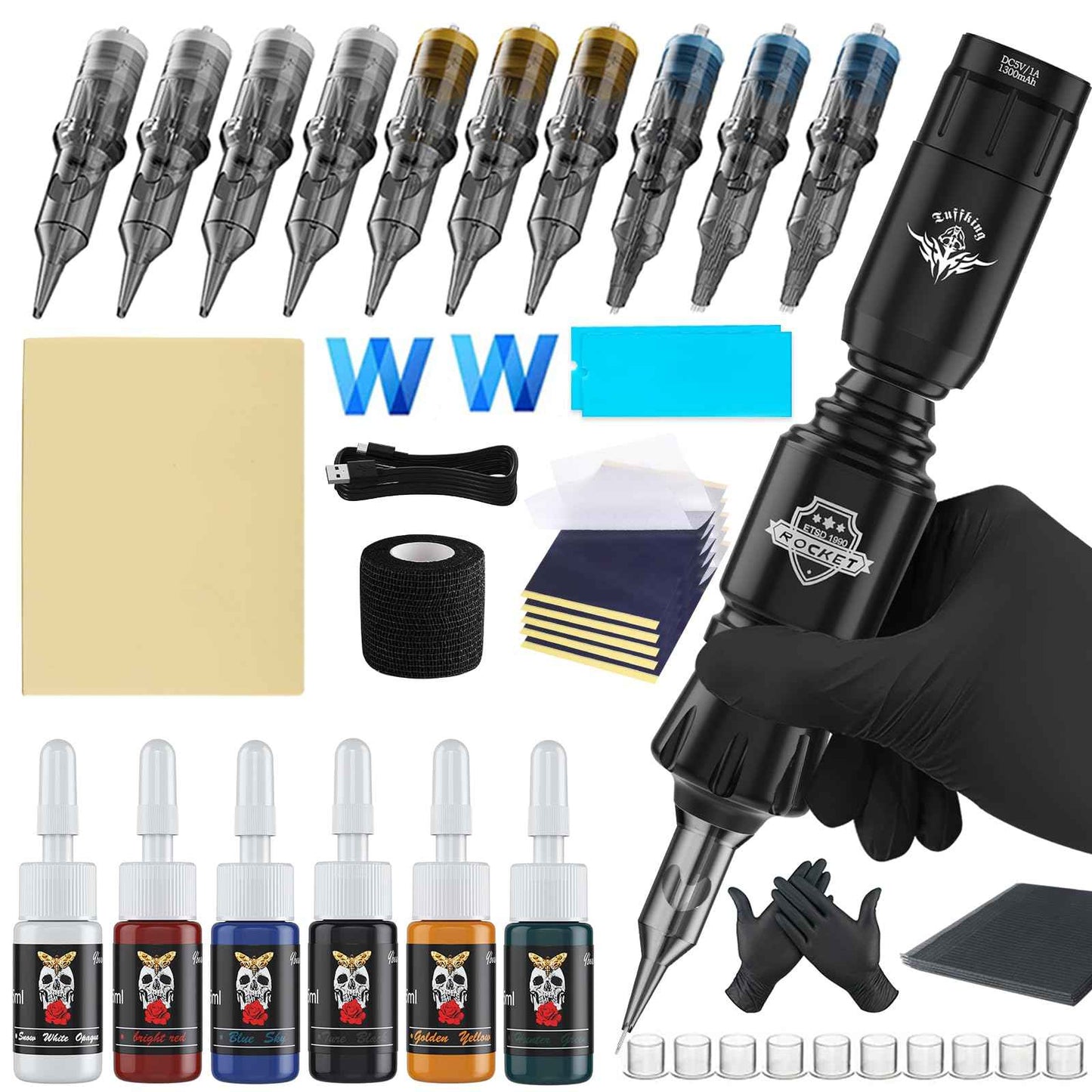 Tattoo Gun Kit for Beginners Complete Set, Rotary Wireless Tattoo Pen Kit, Complete Tattoo Supplies Set for Beginners, with 1300 mAH Power Supply, 10Pcs Catridges Needles (Battery-I-45Pcs)
