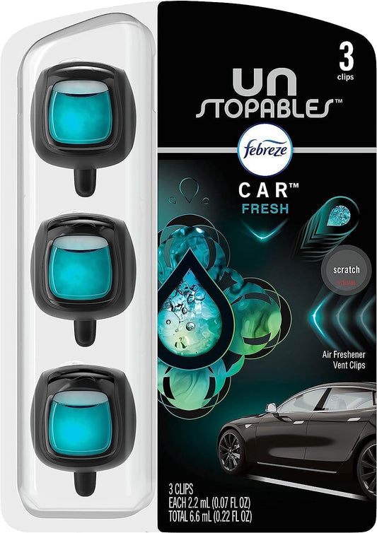 Febreze Car Air Freshener Vent Clip Unstoppables Fresh Scent, .07 oz Car vent Clip, Pack of 3