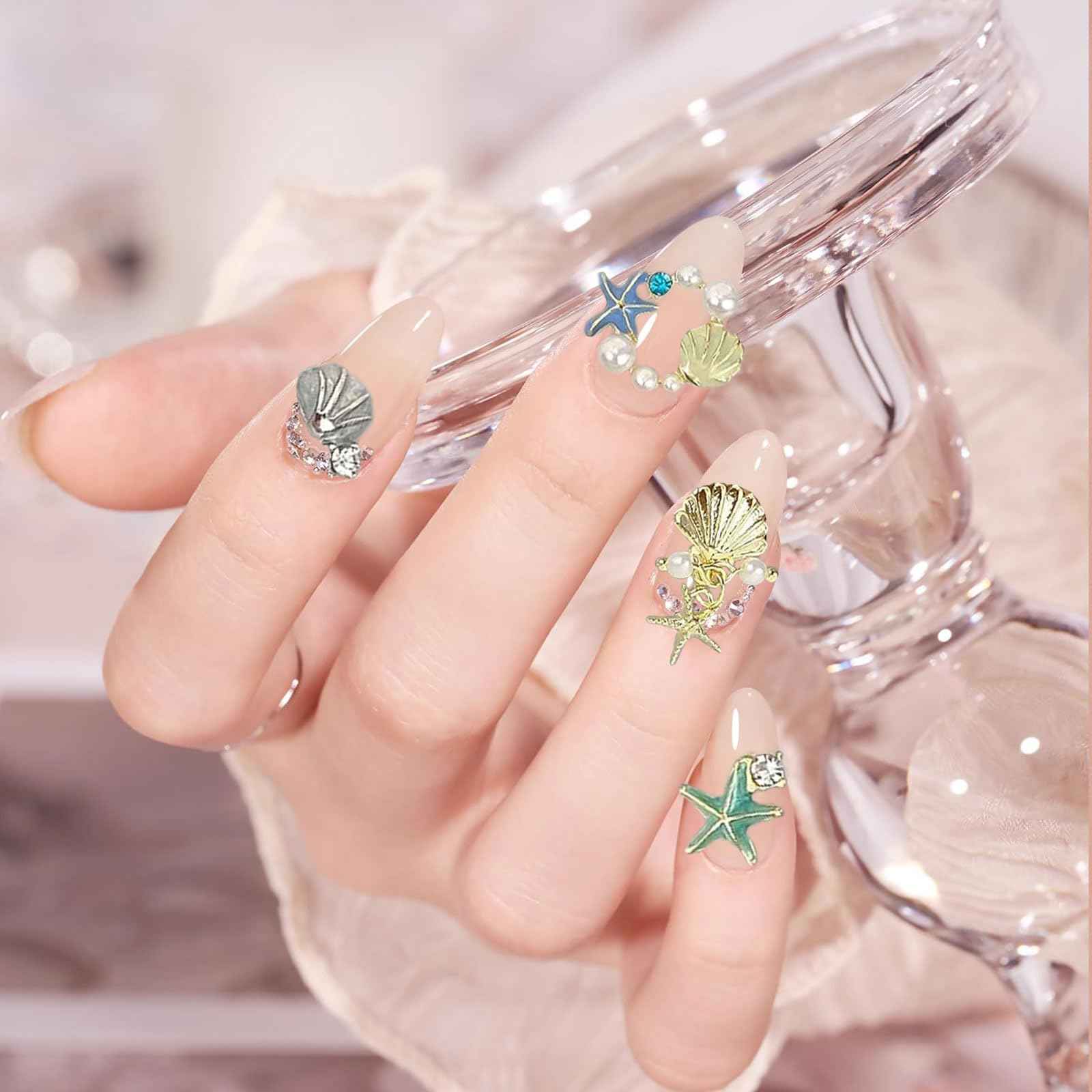 32PCS 3D Summer Beach Art Rhinestones Shell Starfish Fishtail Nail Studs Sea Series Ocean Theme Alloy Nail Charms Supplies for Nail Art Designs DIY Manicure Decoration