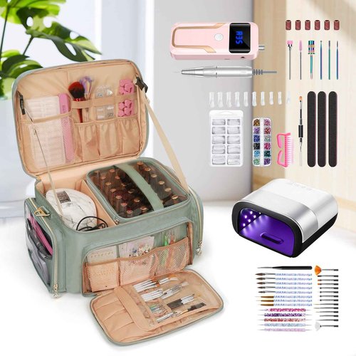 Bagmoly Nail Polish Organizer, Nail Polish Storage Holds 50-70 Bottles & Nail Lamp, Portable Travel Nail Kit Storage Carrying Case Fits Nail Suppiles, Gift for Manicurist, Grils (Green)