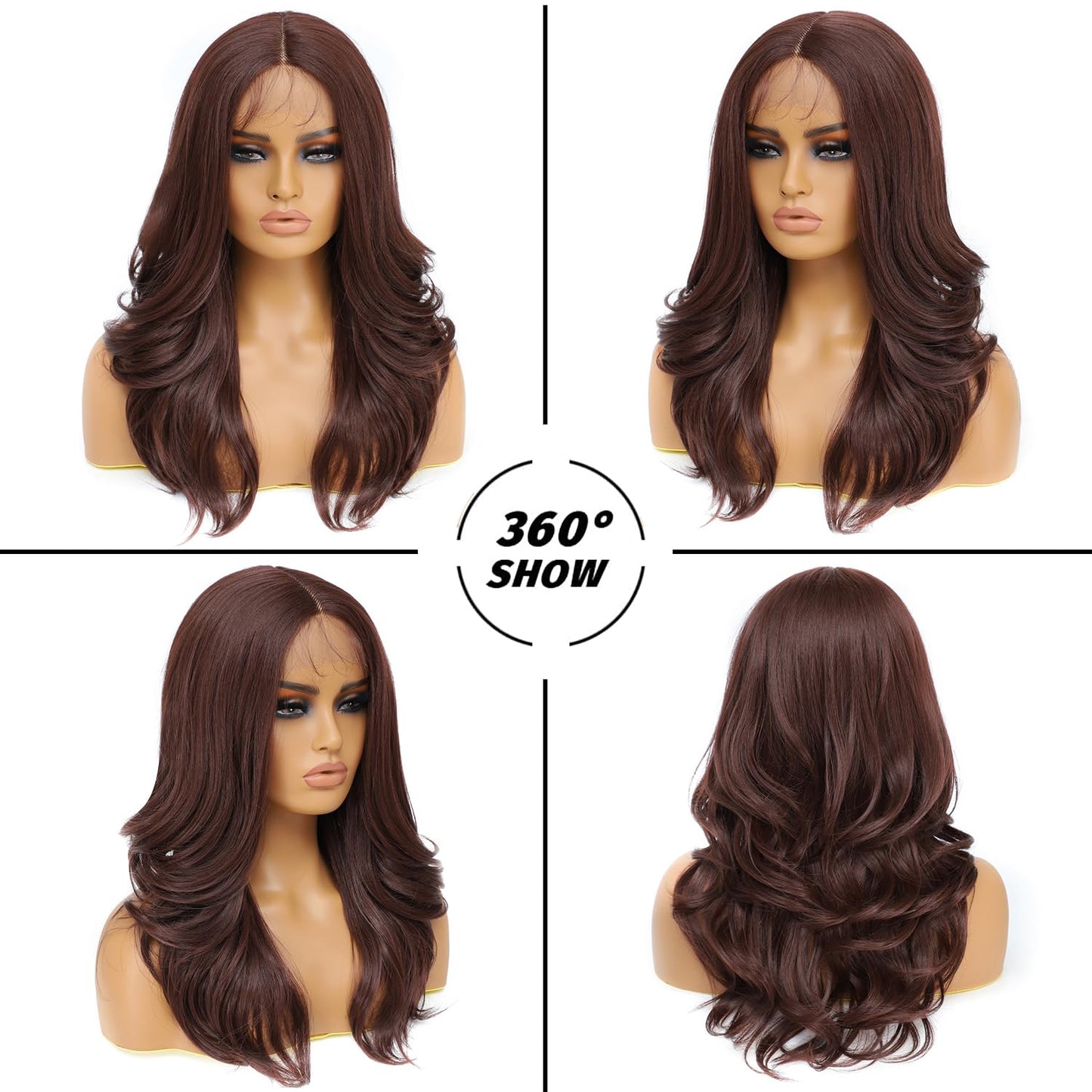 YOKAS Long Wavy Chocolate Brown Synthetic Lace Front Wig 13x4x1 T Lace Front Wigs 22 Inch Middle Part Synthetic Heat Resistant Fiber Wig Pre-Plucked Hairline with Baby Hair for Daily Party Use（33#）